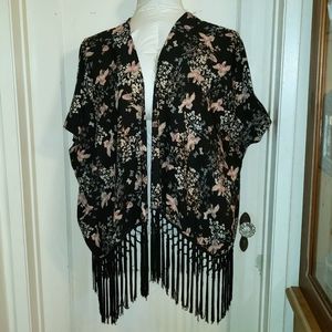 VTG bird butterfly long fringe kimono Large
